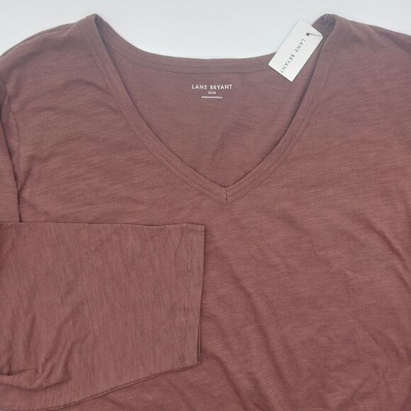 Lane Bryant Tops - Lane Bryant V-Neck T Shirt Ruched Sides Size 22/24 Brown L/S Minimalist NEW